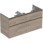 Mueble bajo Geberit serie iCon para lavabo de dos senos, con cuatro cajones: Ancho de lavabo=120cm, H=61.5cm, Cuerpo y frontal: nogal hickory/melamina con textura de madera, Tirador: lava/con pintura polvo al horno mate